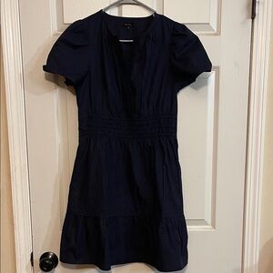 Quince Navy Blue Organic Cotton Tiered Mini Short Puff Sleeve Dress With Pockets